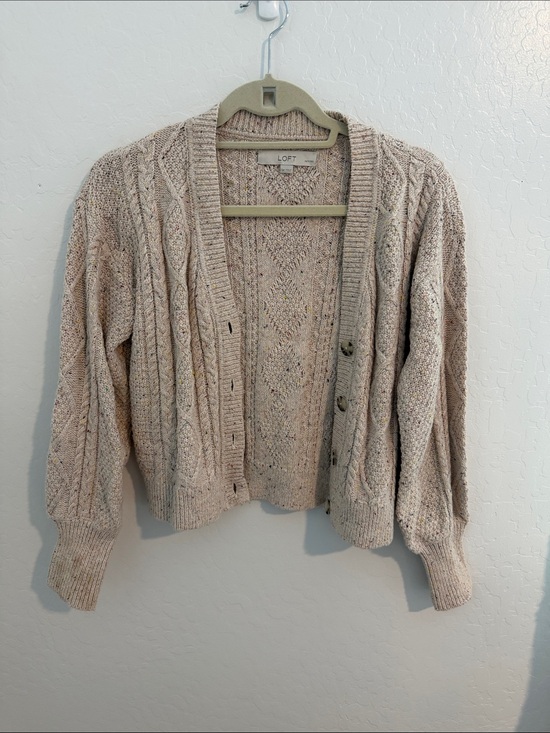 LOFT Sweaters - LOFT Speckled Cream Cable-Knit Button Cardigan